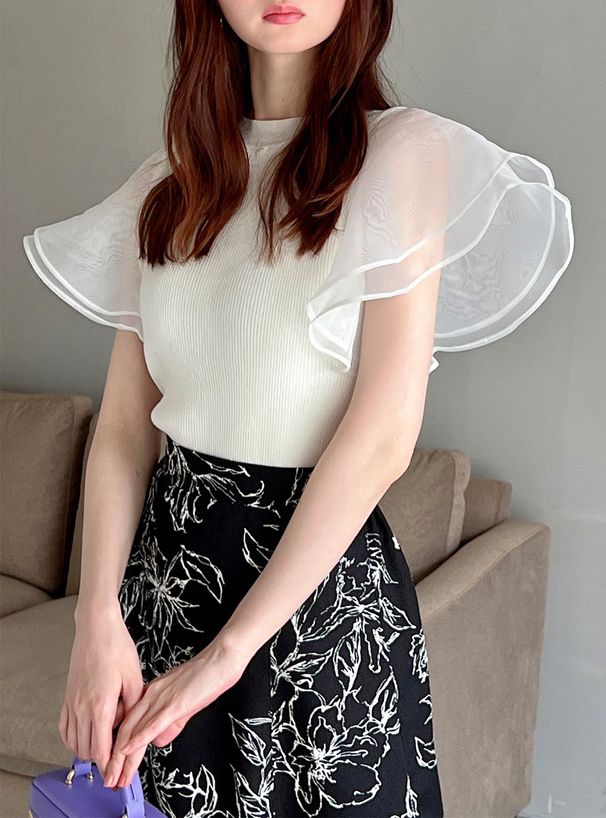 日本 GRL - 夢幻薄紗拼接圓領短袖上衣-天使白