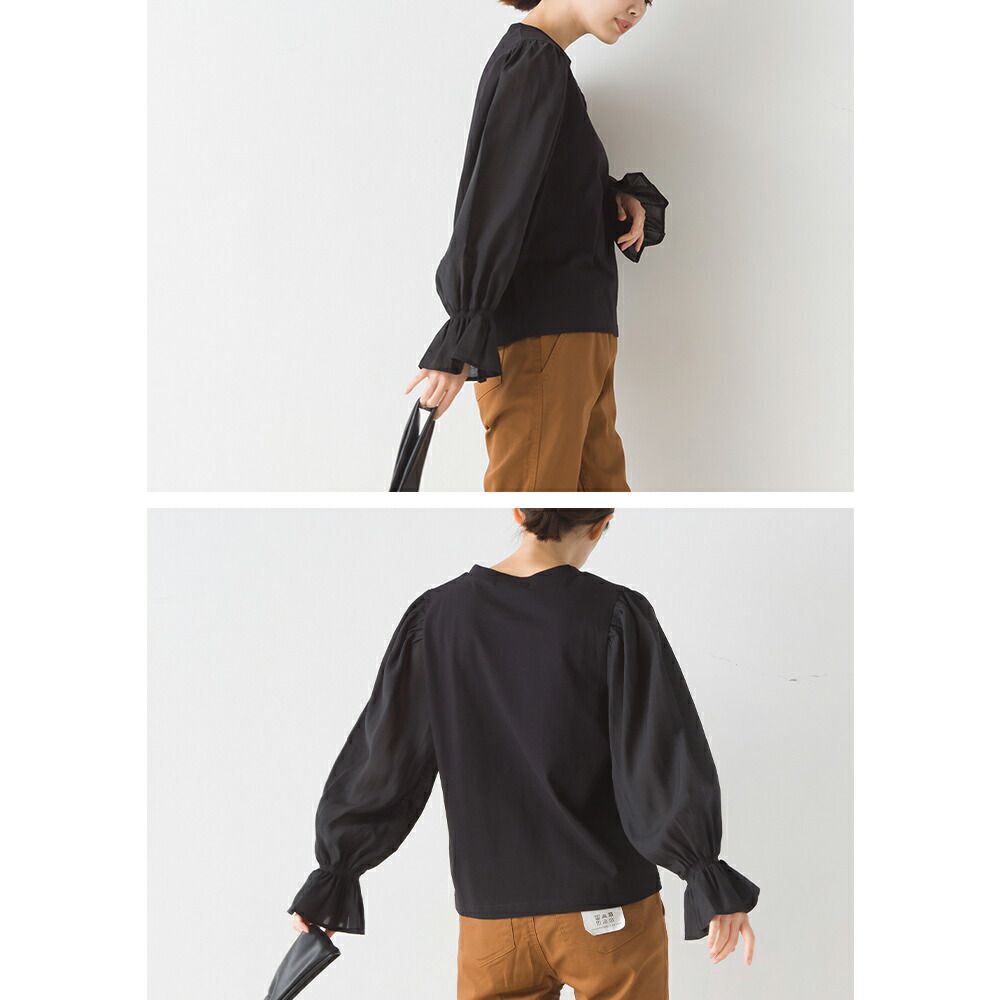 日本 OMNES - 圓領拼接光澤感糖果袖上衣-黑