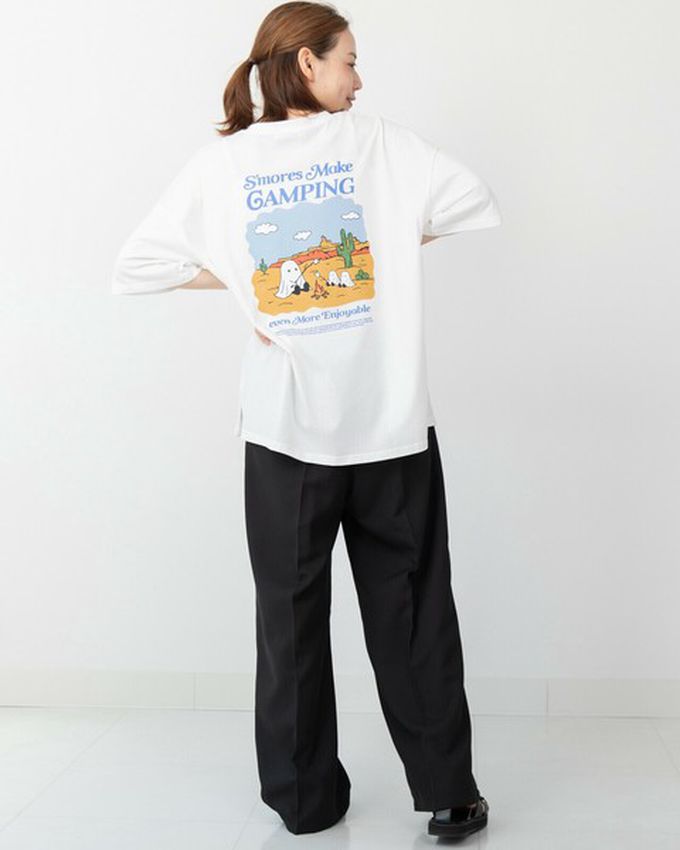 日本 gleam - 俏皮露營幽靈印花寬大風短袖T恤-奶油杏