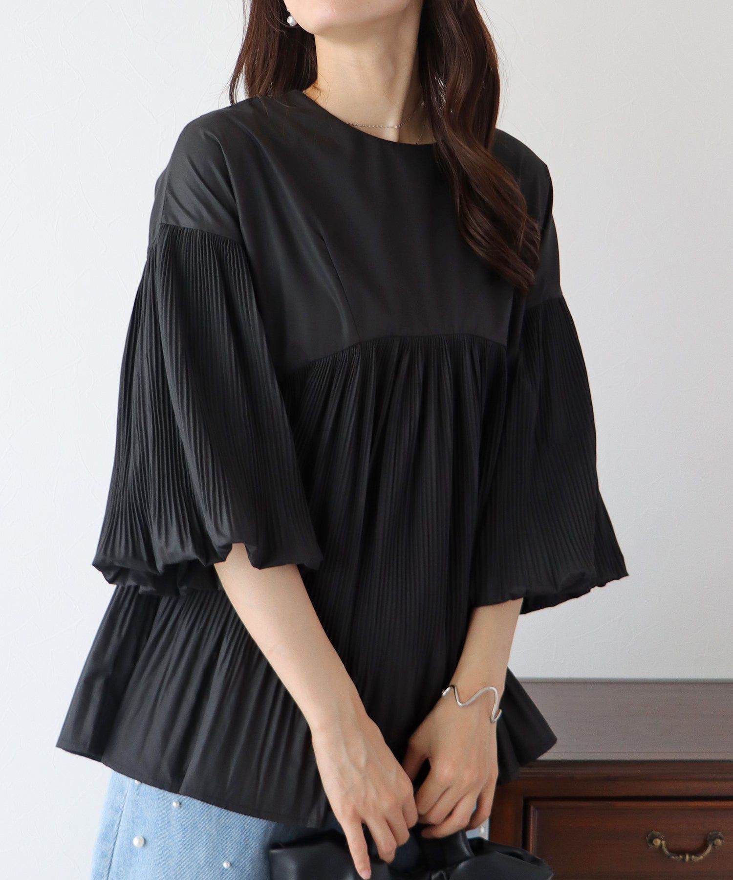 日本 BLUE EAST - 楊柳拼接五分袖上衣-奶茶