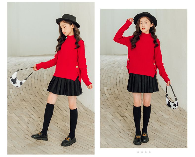 加厚半高領開衩長袖針織上衣-杏色