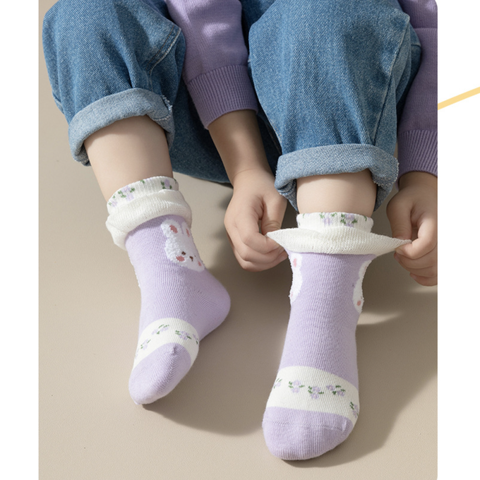 love, charlotte - 秋冬款淺紫色小兔子荷葉花邊中筒襪-5 雙一組