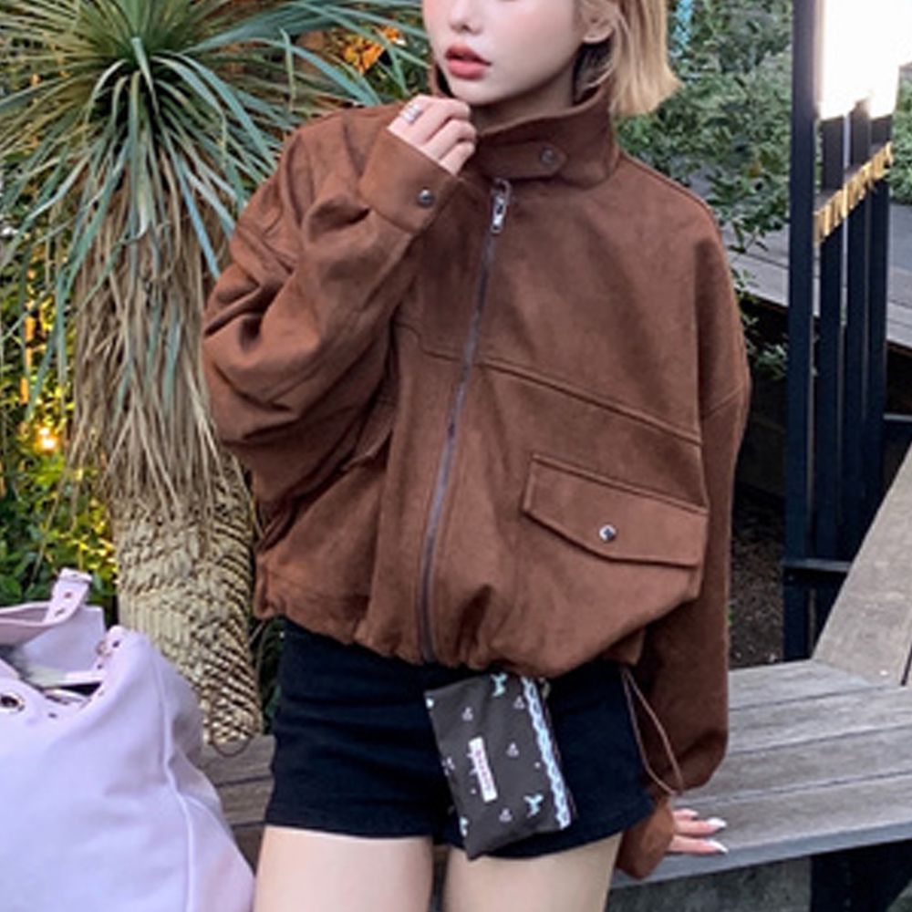 2way立領仿麂皮騎士風抽繩外套-焦糖棕 (F)