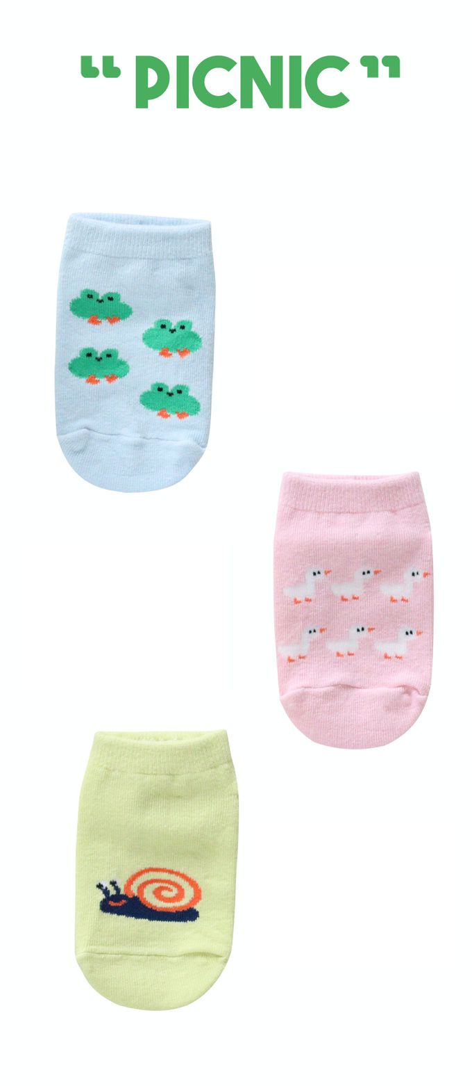 韓國 Kokacharm - 兒童短襪/襪子三入組-河邊樂園-藍X粉X黃綠