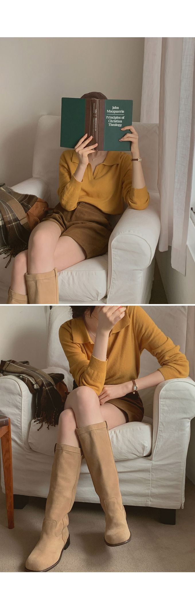 韓國女裝代購 - 小V翻領混羊毛長袖針織上衣-燕麥 (FREE)