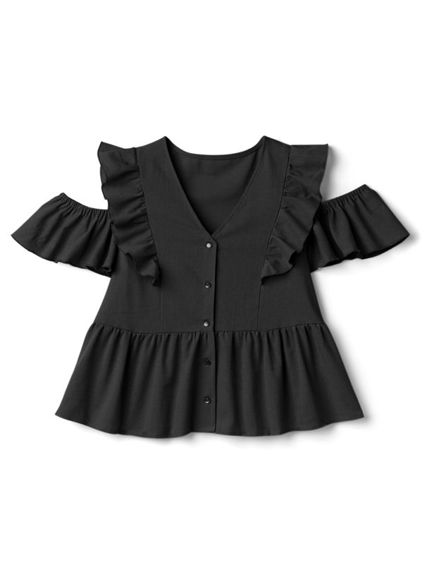 日本 GRL - 優雅荷葉邊挖肩V領短袖上衣-天使白