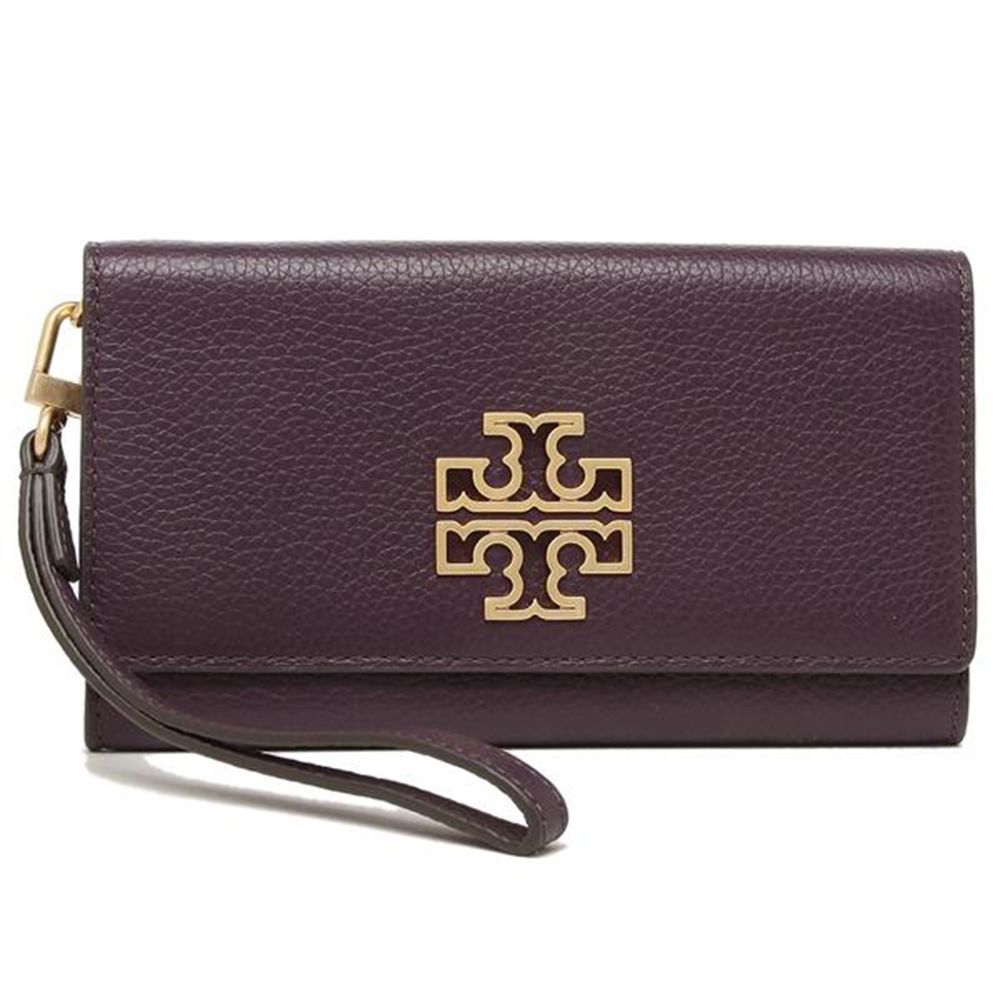 TORY BURCH - 雙T-LOGO皮革翻蓋手拿包長夾 (酒紅)