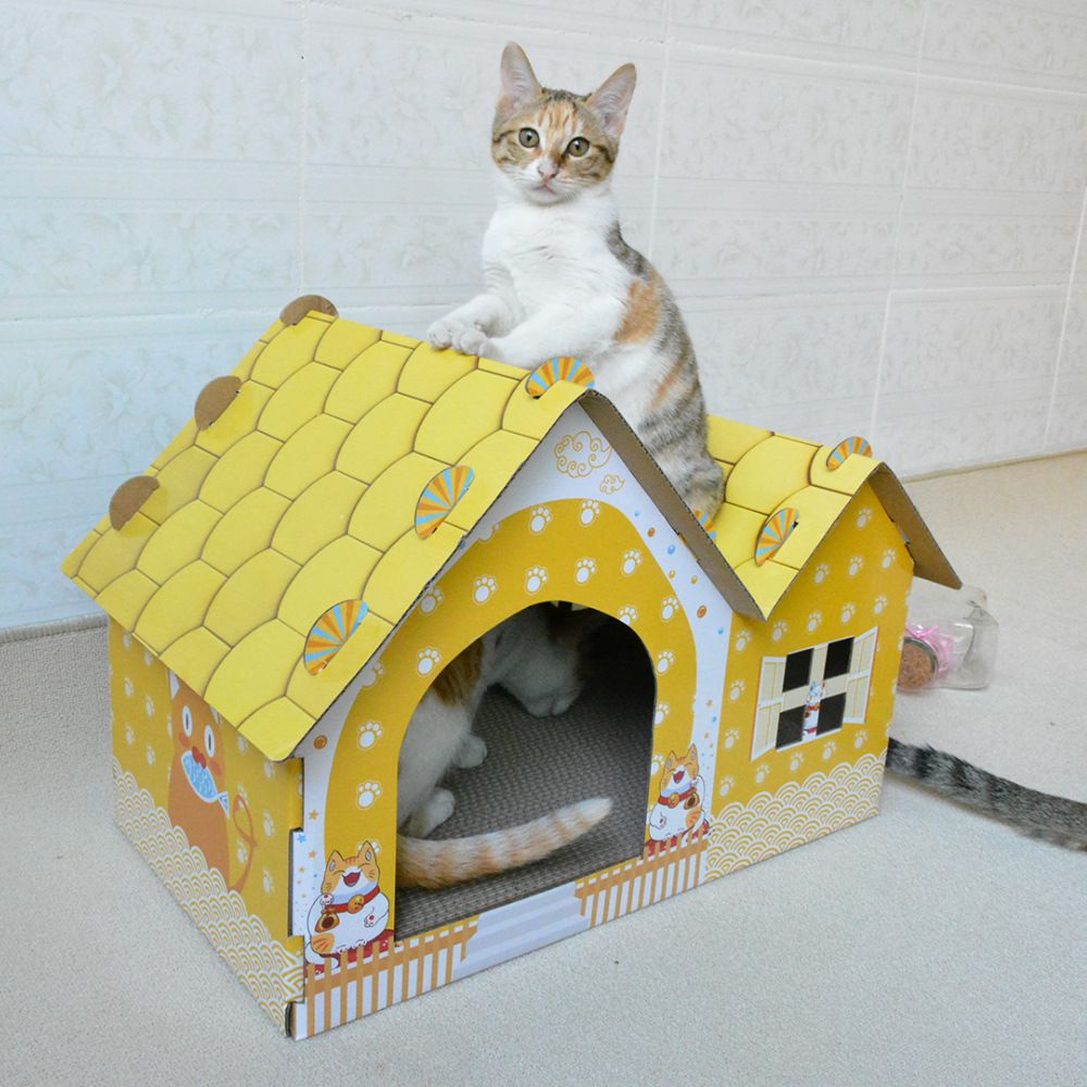 瓦愣紙製造型貓抓屋-歐風雙房-藍色 (53.5x35.x38cm)