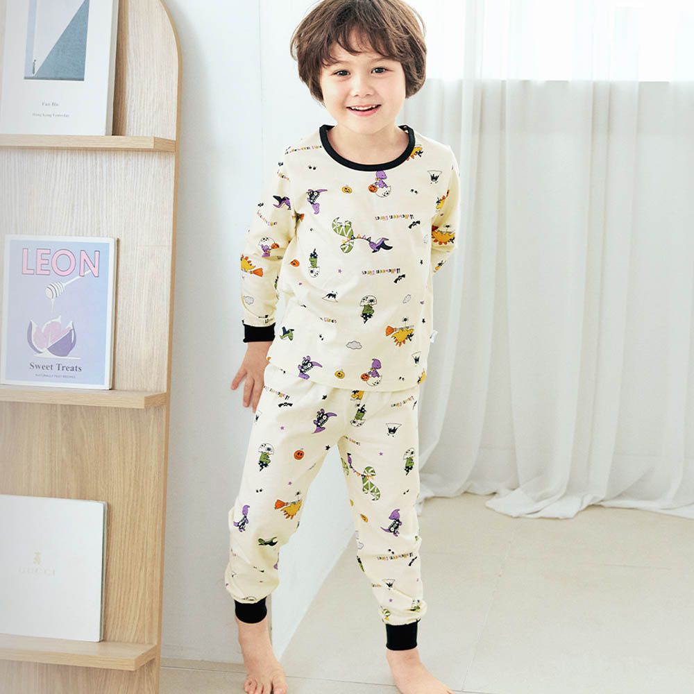 細緻柔棉薄長袖家居服-節慶恐龍-米黃