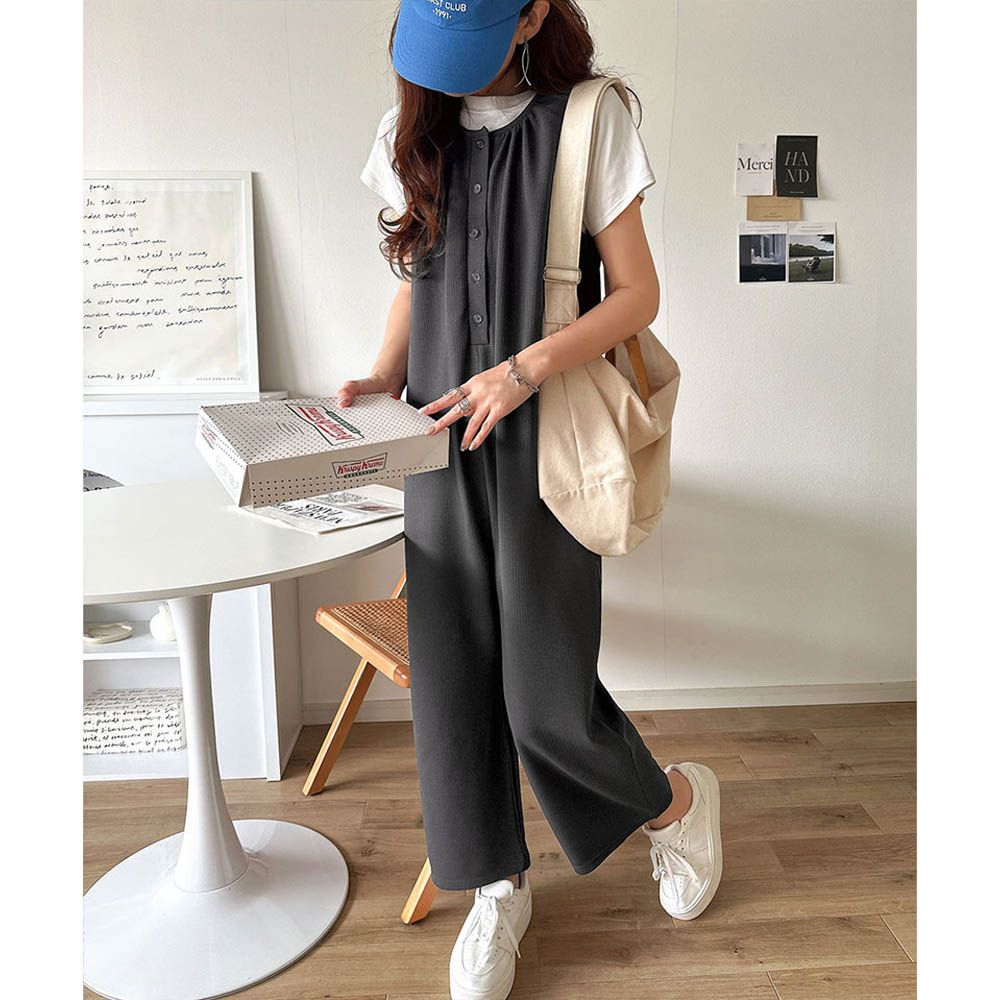 亨利領簡約風紋理連身褲-炭灰