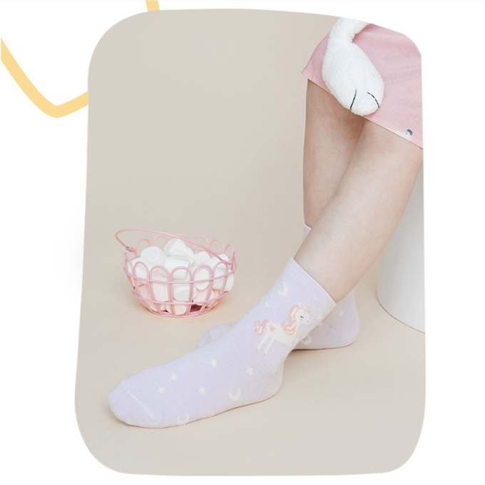 love, charlotte - 馬卡龍色彩虹夢幻獨角獸中筒棉襪-5 雙一組