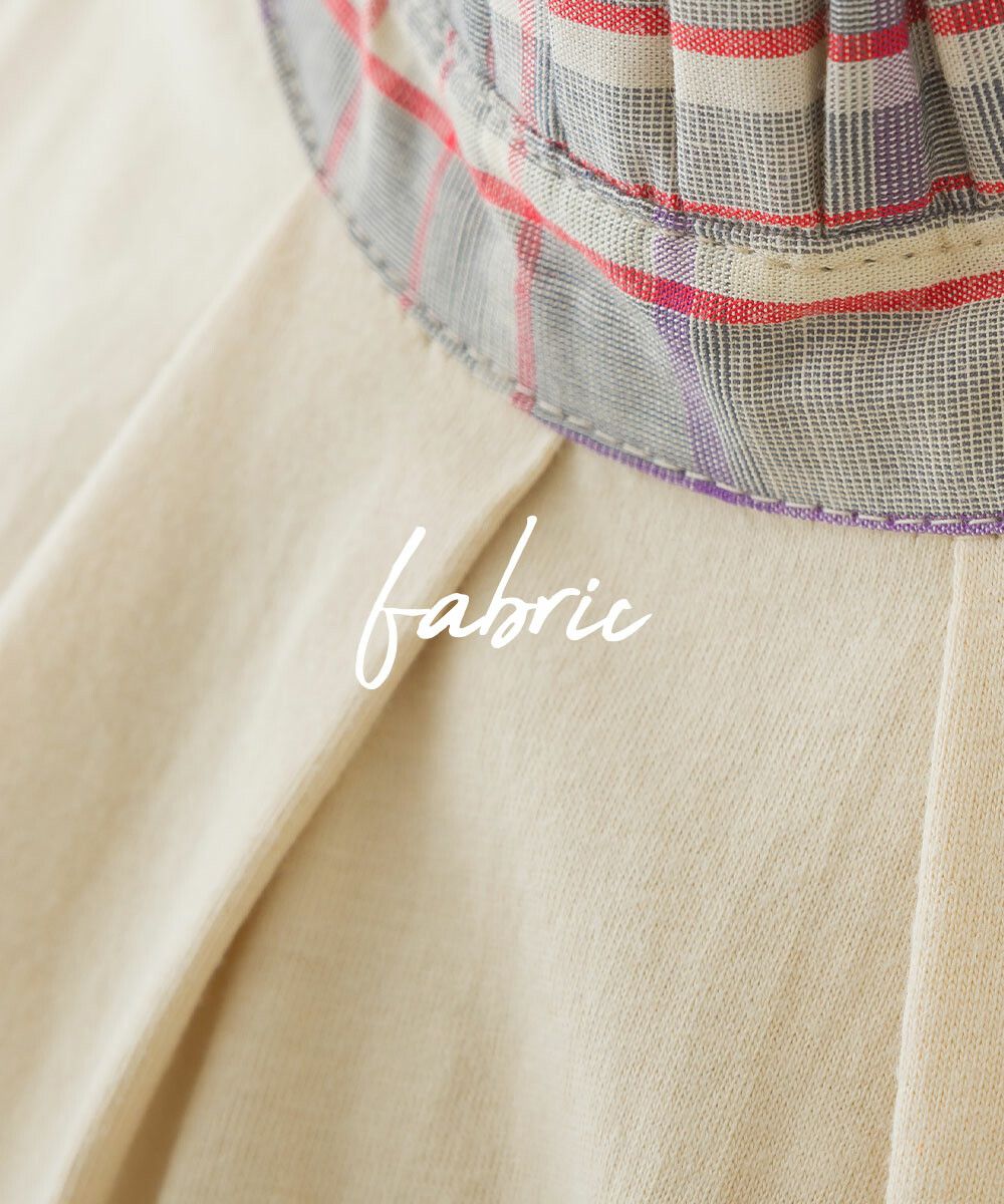 日本女裝代購 - 100%印度棉格紋拼接短袖上衣-深藍