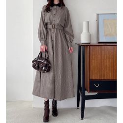 日本 GRL - 英倫復古風襯衫式優雅長袖洋裝-(附腰帶)-咖啡格紋 (F)