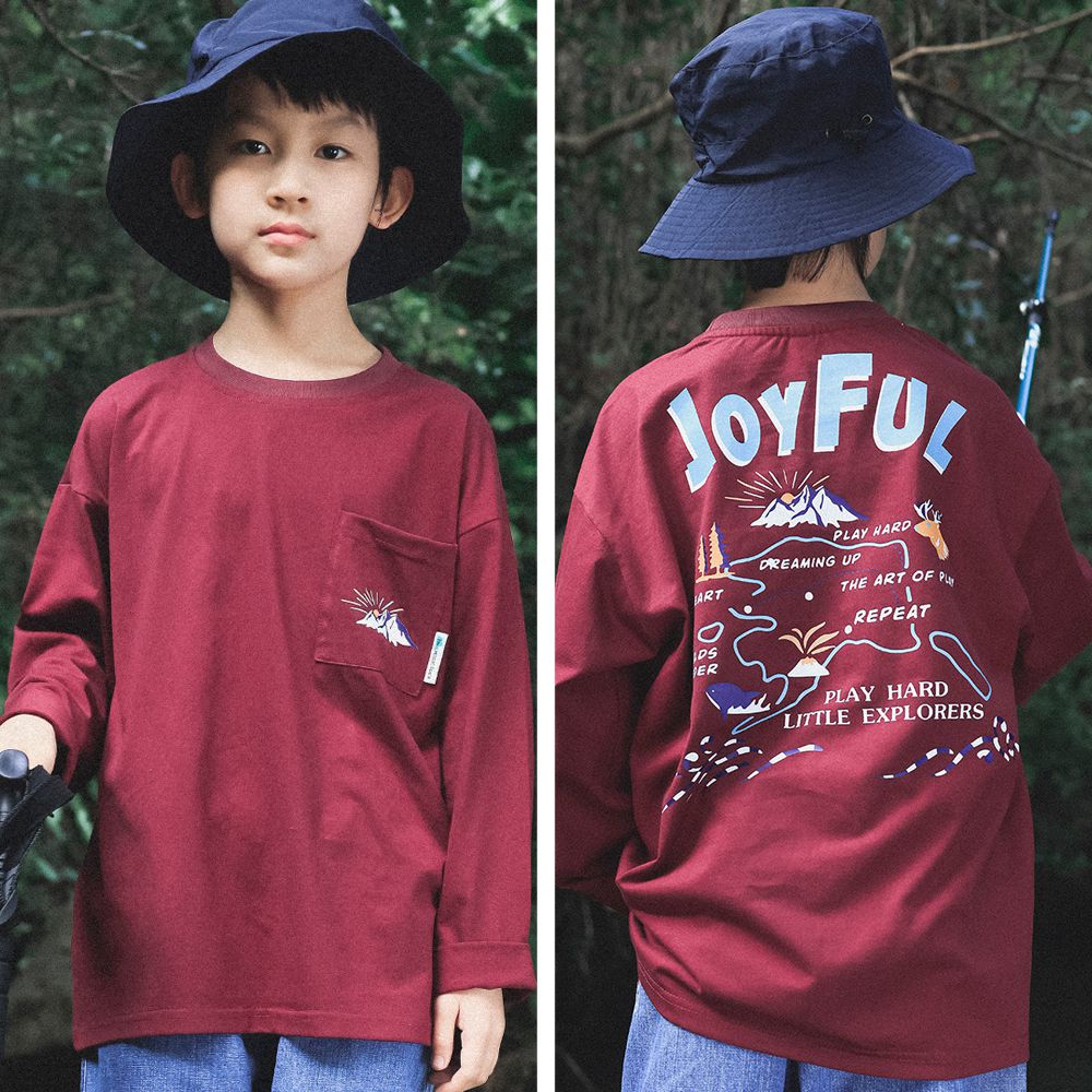 純棉圓領長袖上衣-山系繪畫-酒紅