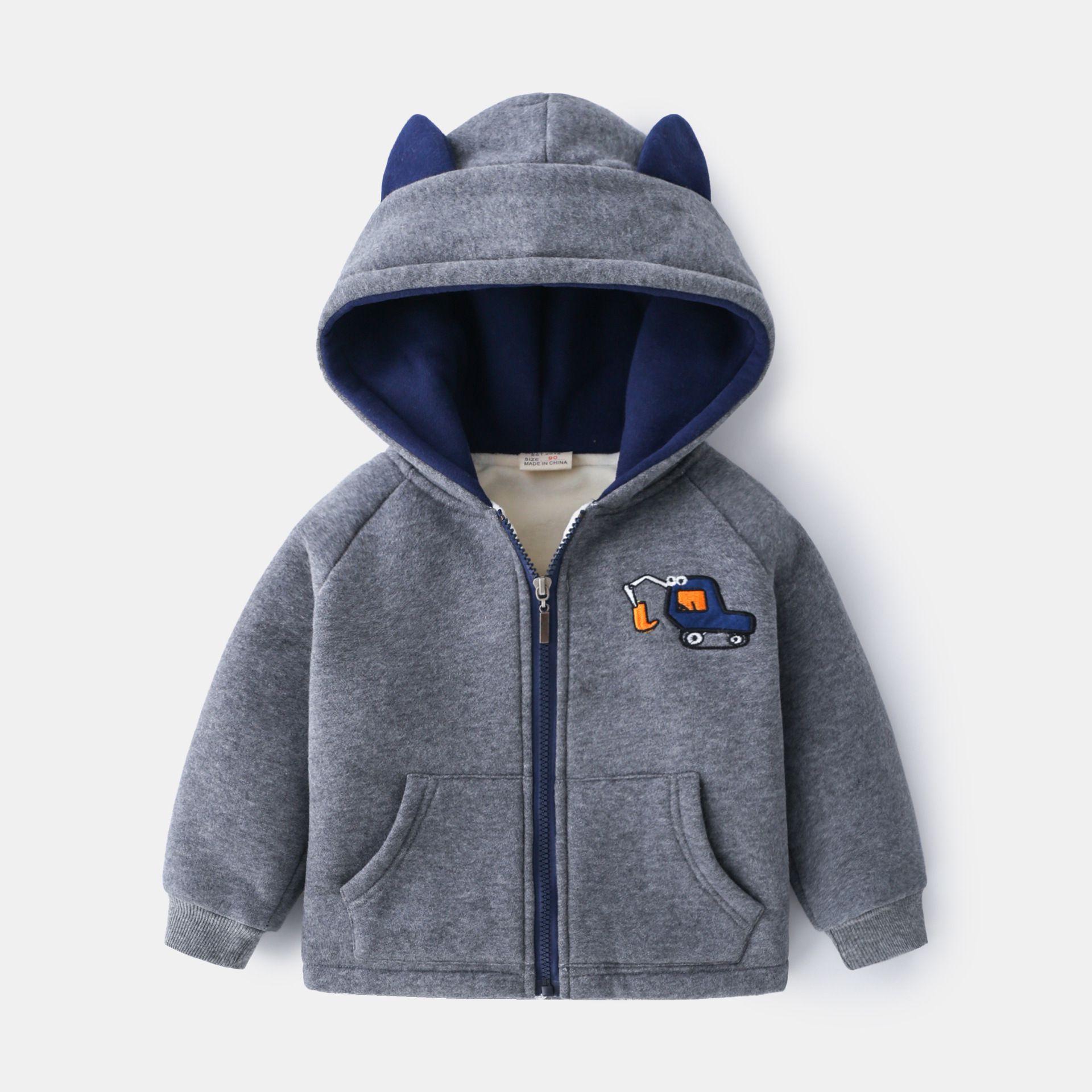 WELLKIDS - 加絨造型暖暖連帽外套-工程小車車-深藍色