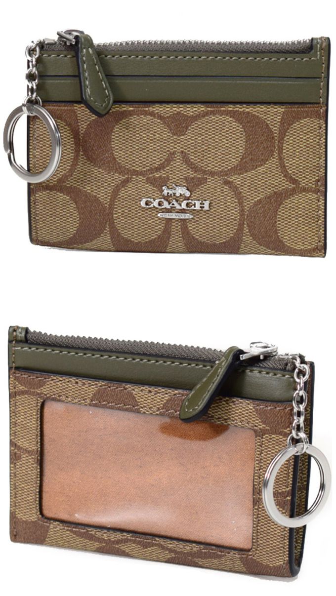 COACH - 滿版LOGO拼接皮革卡片零錢包 (卡其綠)