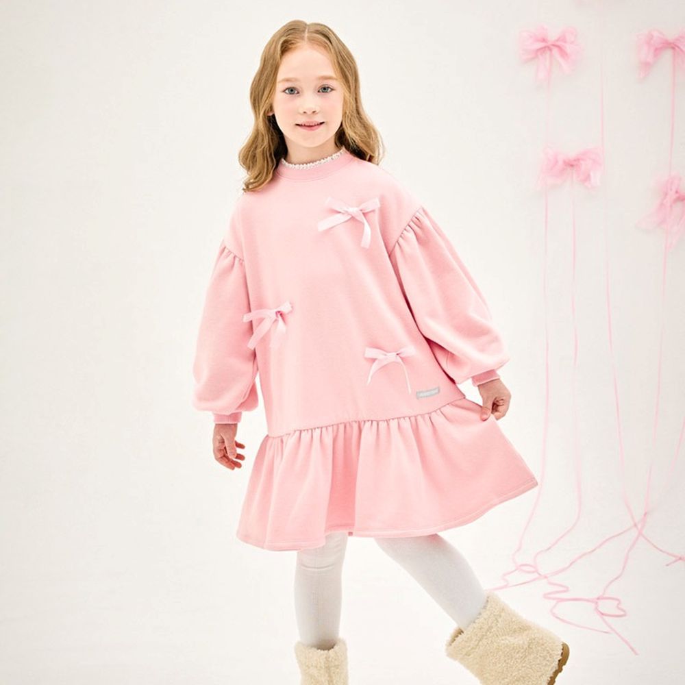 緞帶蝴蝶結裝飾內刷毛長袖拼接洋裝-粉