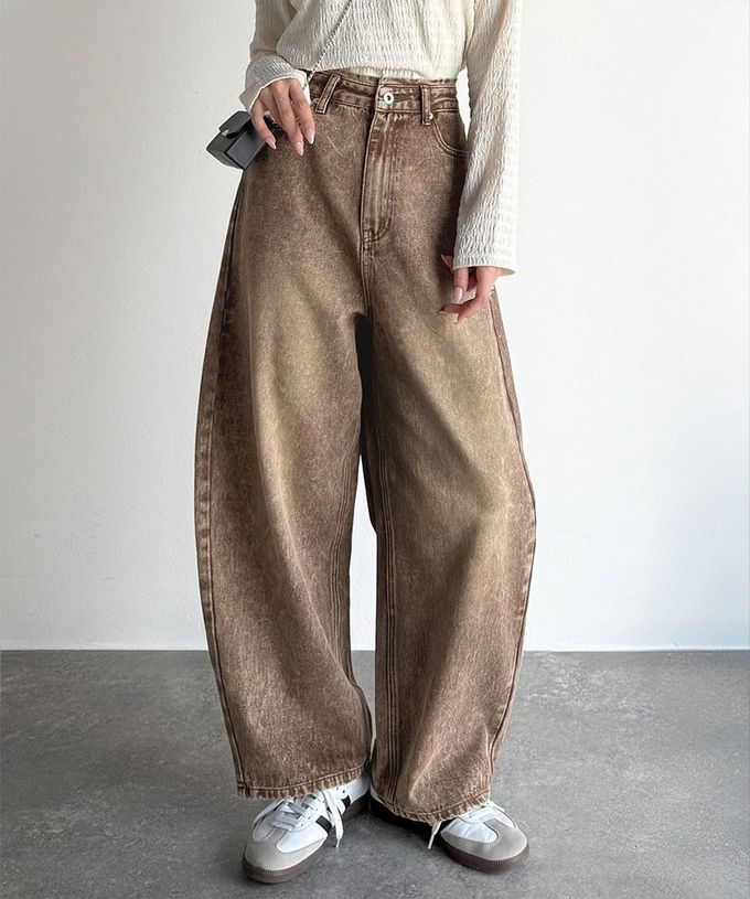 日本 Classical Elf - 俐落百搭刷色感彎月弧型丹寧褲-棕