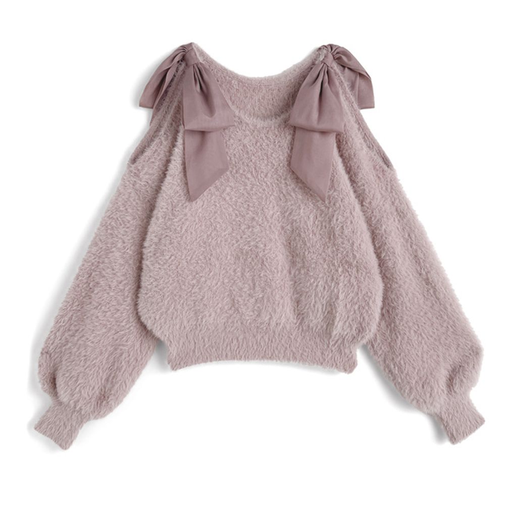 露肩緞帶蝴蝶結柔美毛海上衣-粉紅 (F)