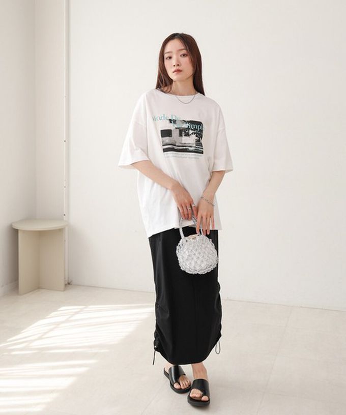 日本 Bab - 100%棉 極簡照片印花五分袖上衣-白底粉紅字 (M)