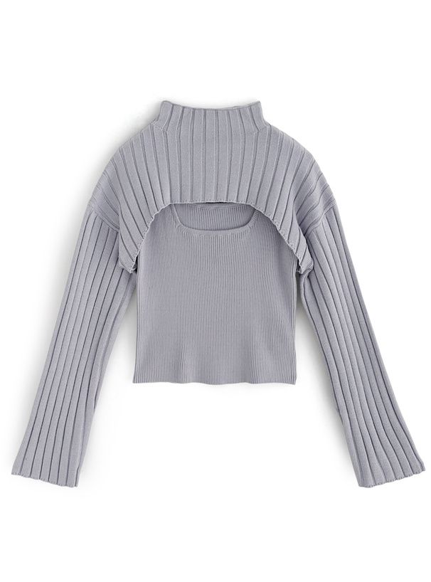 日本 GRL - 小立領羅紋兩件式針織上衣-灰藍 (F)