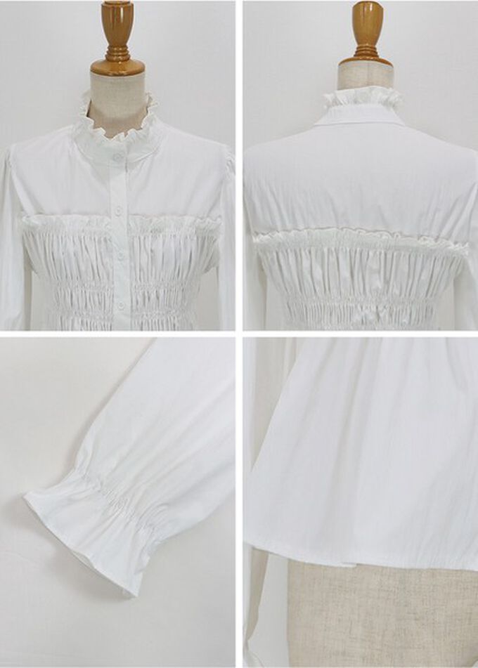 日本 BLUE EAST - 小立領荷葉皺摺束腰長袖襯衫-白