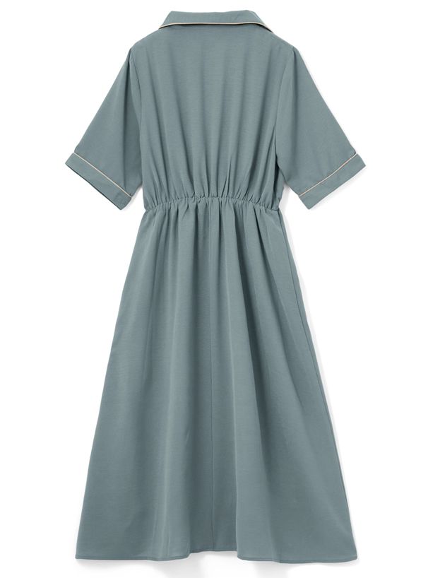 日本 GRL - 復古滾邊翻領收腰短袖洋裝-綠松石