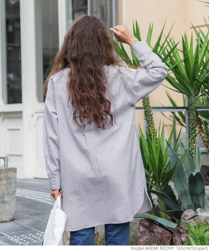 日本 COCA - 簡約落肩翻領長袖襯衫-條紋-水藍
