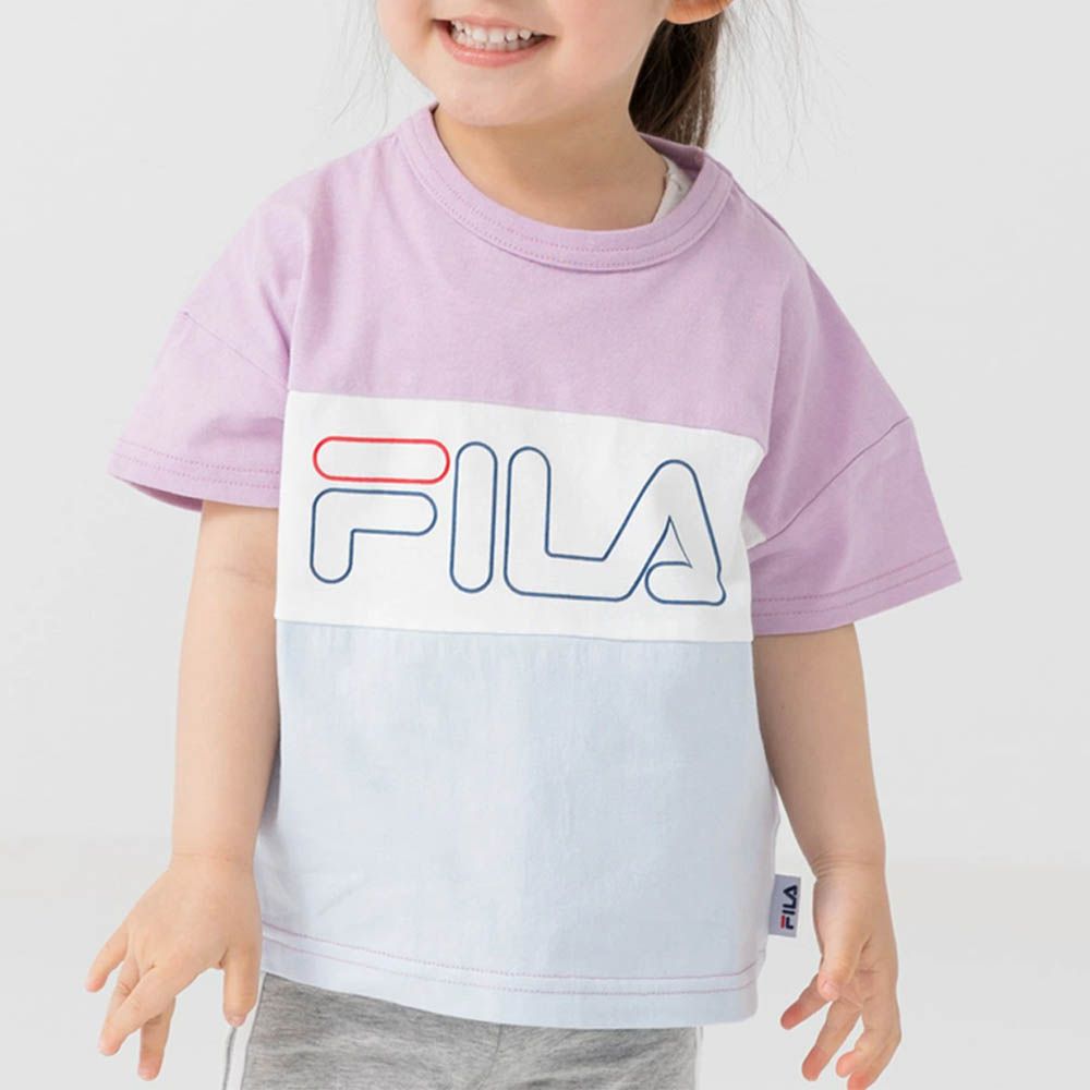 FILA聯名 休閒短袖上衣-條紋撞色-紫x白x藍