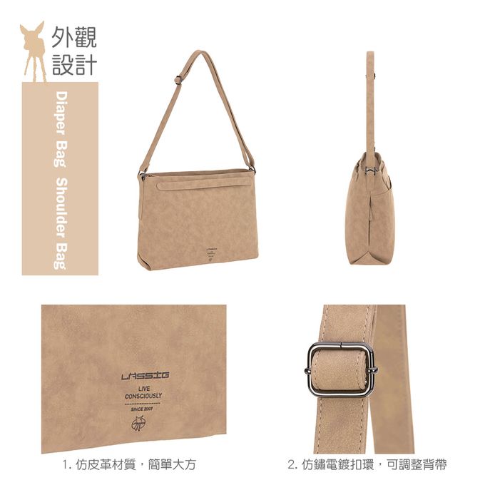 德國 Lassig - 純色質感皮革肩背媽媽包-奶茶駝-含尿布墊+推車掛勾+保溫瓶收納包