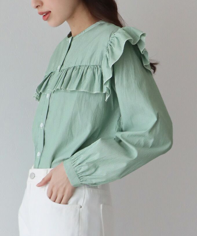 日本 BLUE EAST - 青澀回憶荷葉邊長袖襯衫-湖水綠