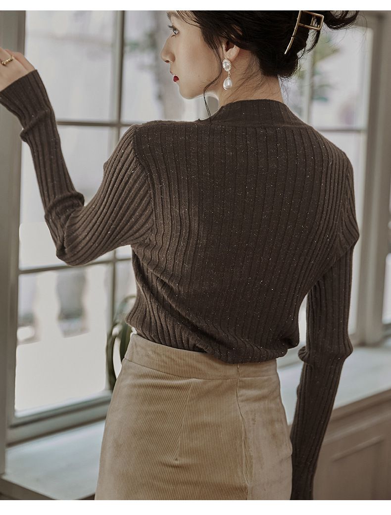 優雅百搭坑條修身針織上衣-咖啡色