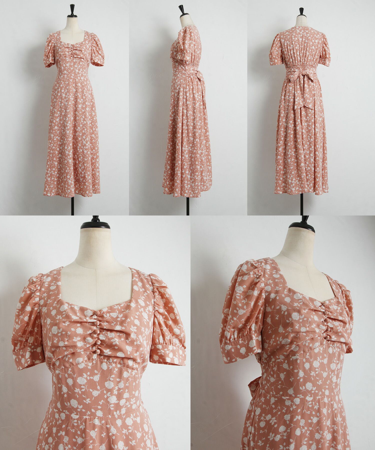 日本 tocco-closet - 愛心領泡泡袖雪紡洋裝-典雅玫瑰-鮭魚粉