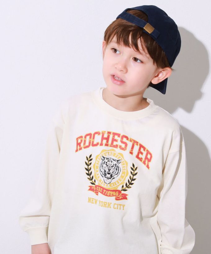 日本 devirock - 100%棉 落肩印花長袖T恤-斜體標語-淺灰