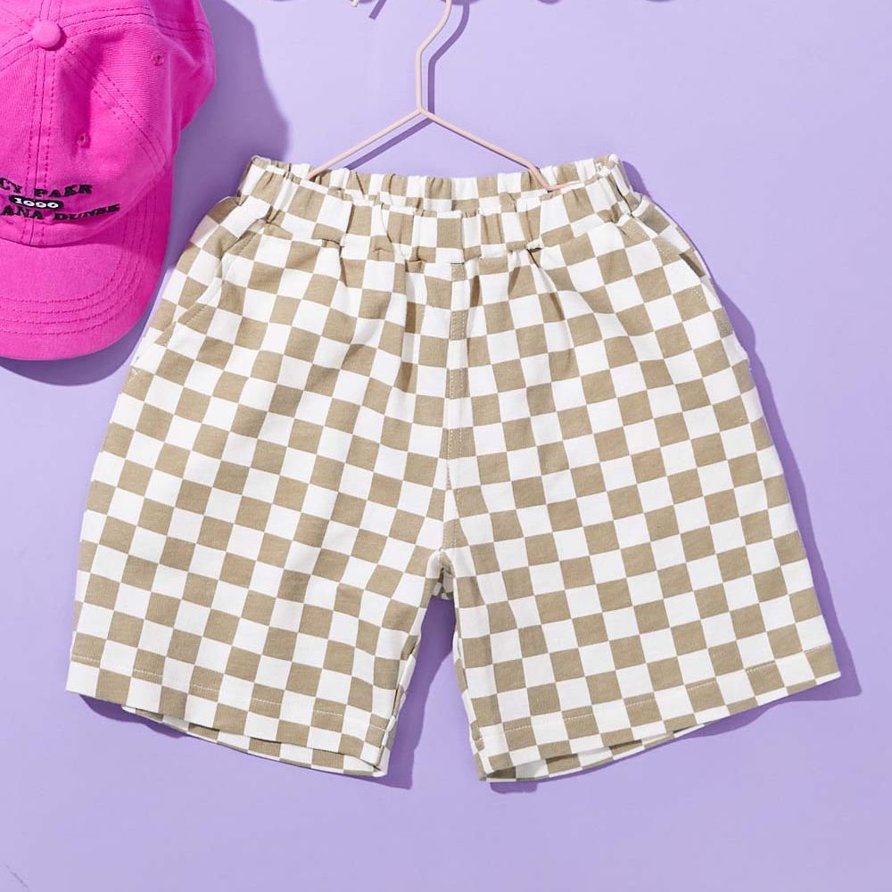 夏日印花純棉寬版短褲-棋盤格-卡其