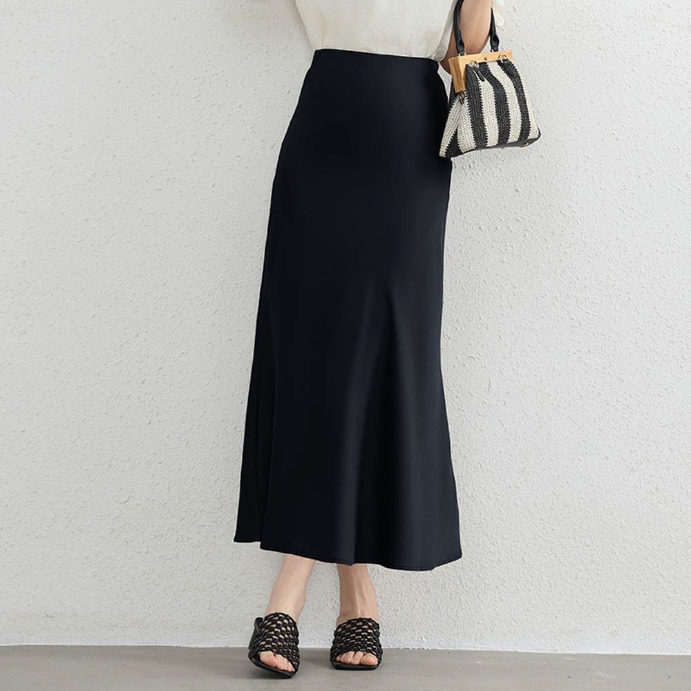優雅緞面高腰魚尾裙-黑色