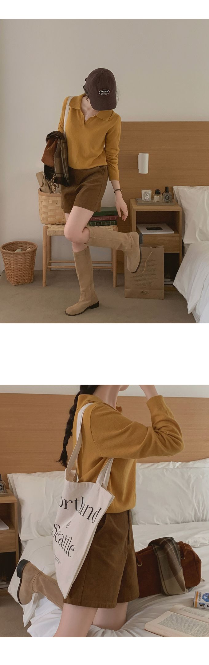 韓國女裝代購 - 小V翻領混羊毛長袖針織上衣-燕麥 (FREE)