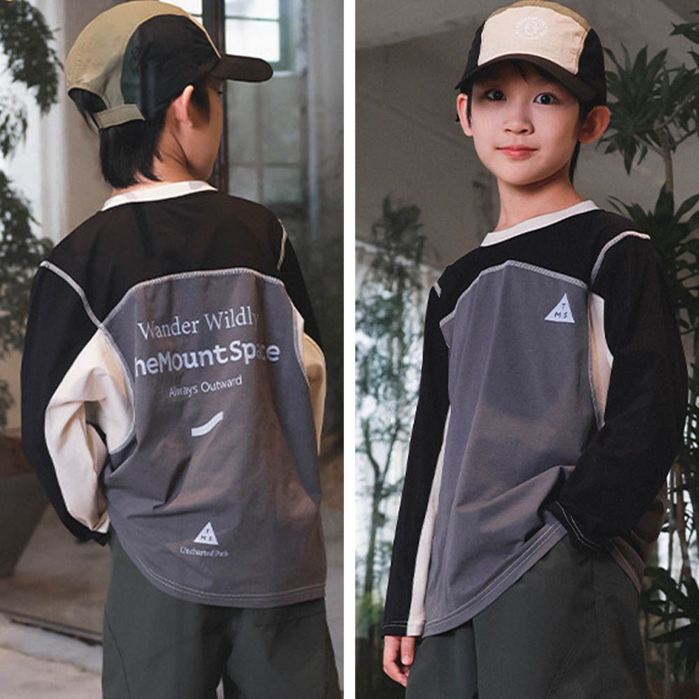 透氣速乾圓領長袖上衣-後文字標語-灰色