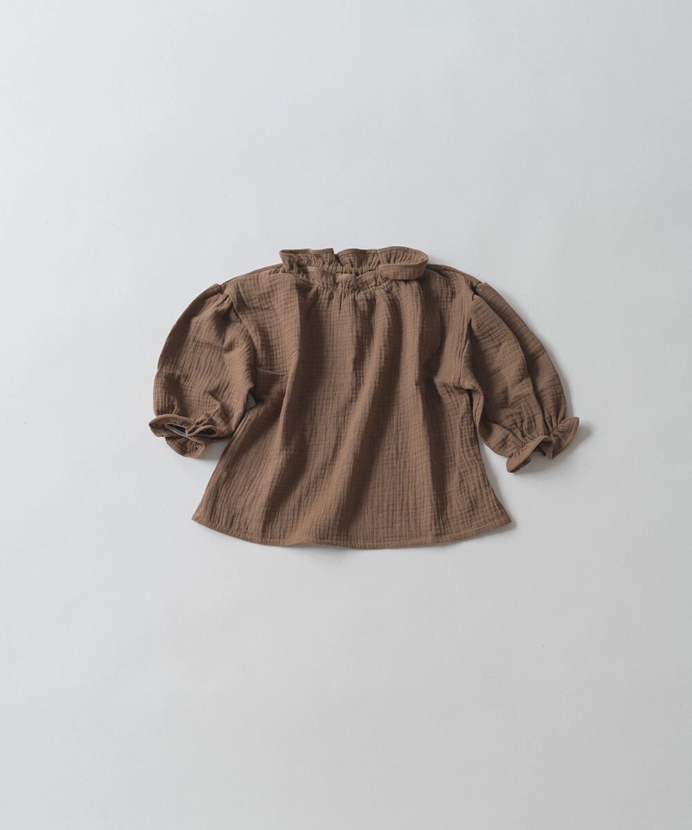 日本 riziere - 純棉荷葉邊復古長袖上衣-摩卡棕