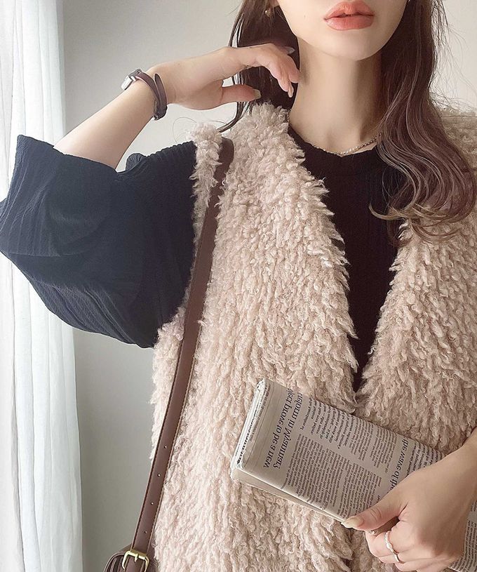 日本 Classical Elf - 優雅泰迪熊絨毛有口袋背心-淺卡其