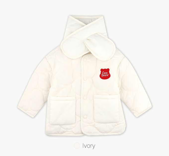 韓國 Care Bears - (附圍巾)聯名款刺繡熊熊絎縫無領外套-象牙白