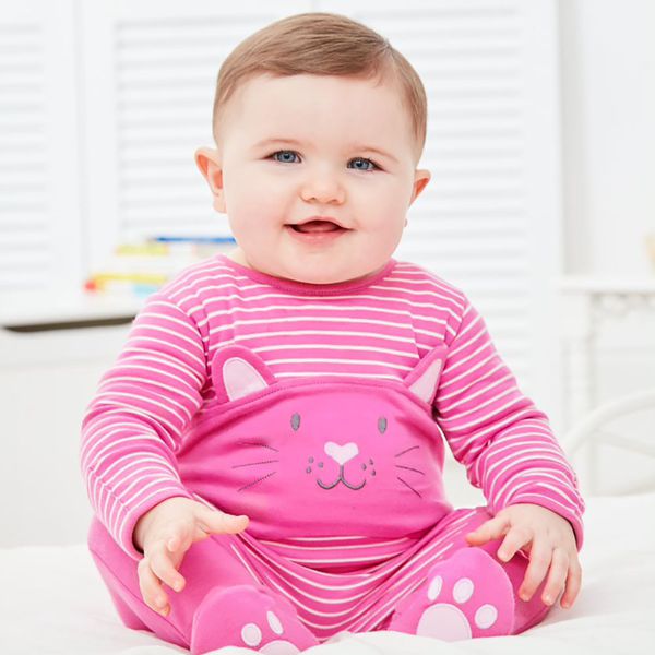 英國 JoJo Maman BeBe - 嬰幼兒長袖純棉包腳連身衣-粉紅貓