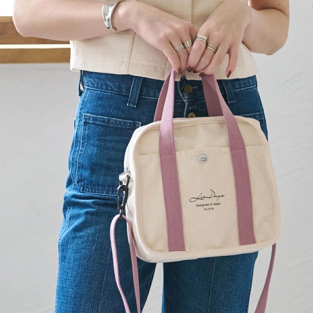 2way輕量文藝方形帆布小包-米杏x粉紅