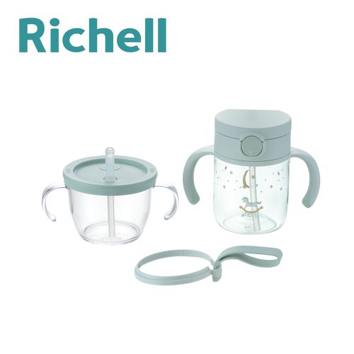 日本 Richell 利其爾 - 幻夢木馬學習水杯組合-綠-150ml / 200ml / 付掛鉤環