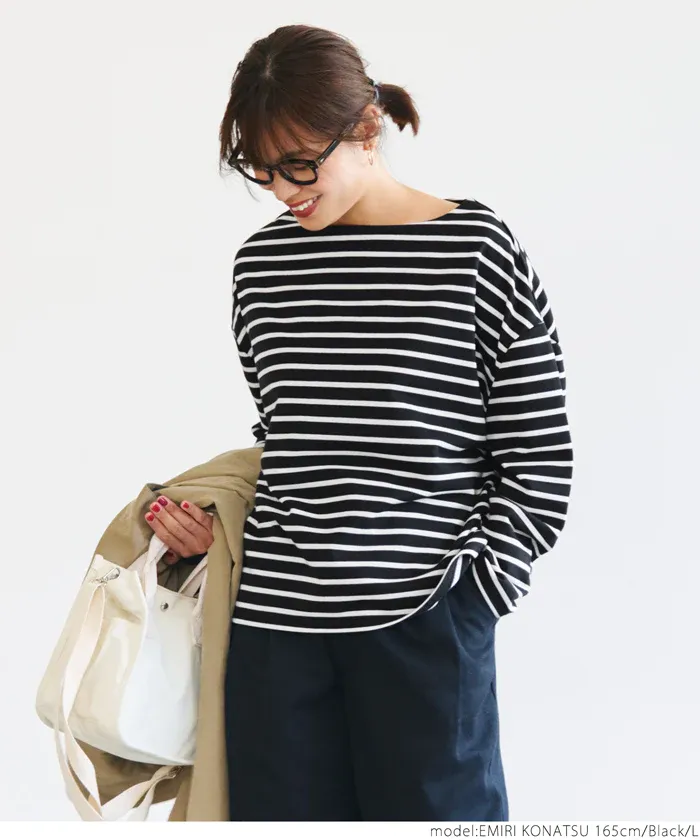 日本 COCA - [熱銷推薦] 百搭船領薄長袖上衣-條紋-灰x白