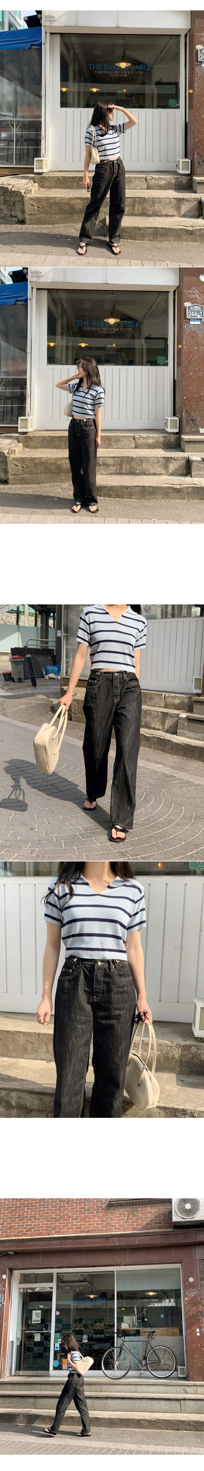 韓國 98doci - 針織條紋翻領短袖上衣-深藍