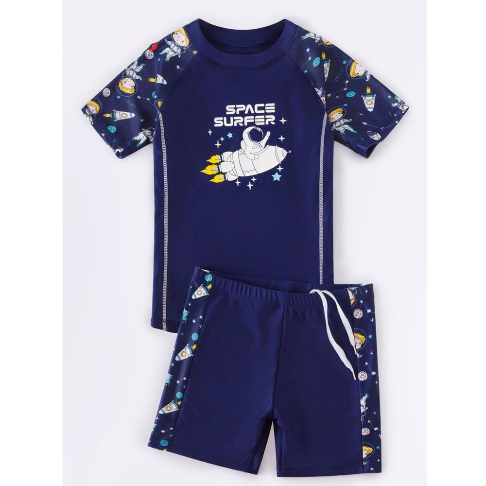 男寶短袖泳裝套裝-太空人與火箭-深藍色
