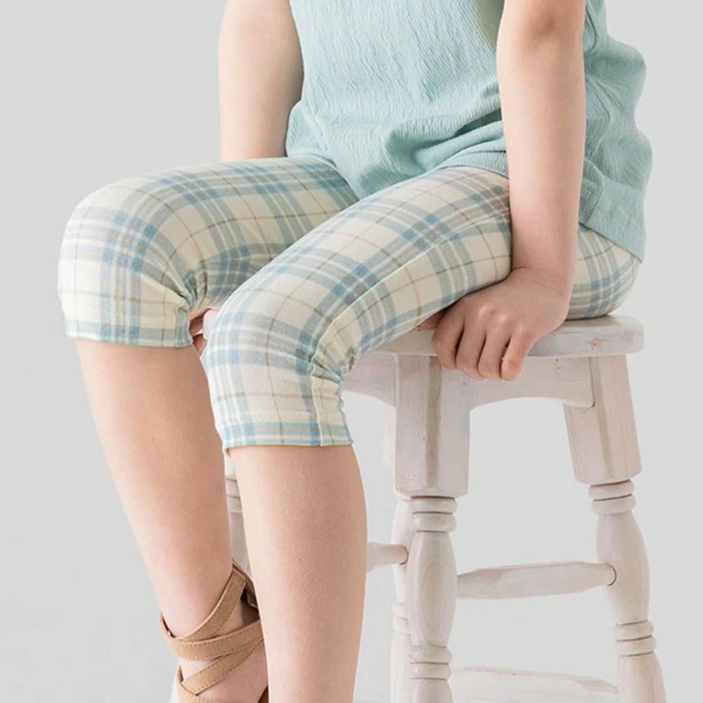 百搭印花彈力七分褲-格紋-水藍x白