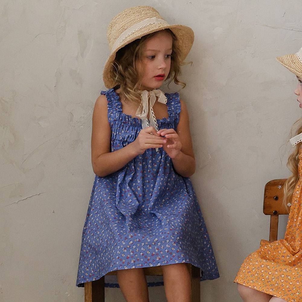 Puellaflo 亮麗花彩彈性抓褶背心洋裝-寶藍