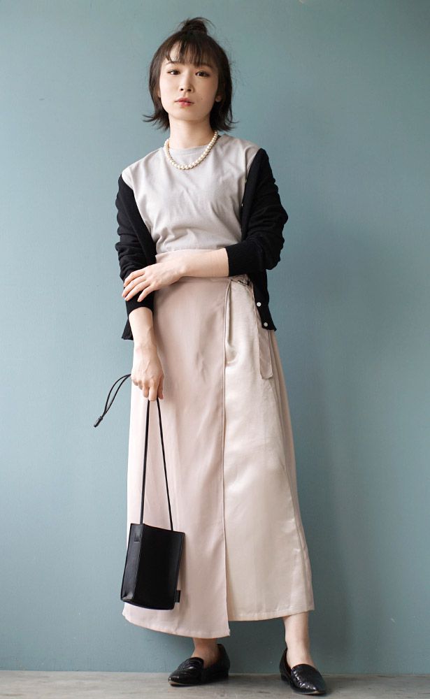 日本 zootie - 撞色拼接腰帶設計後腰鬆緊長裙-灰杏